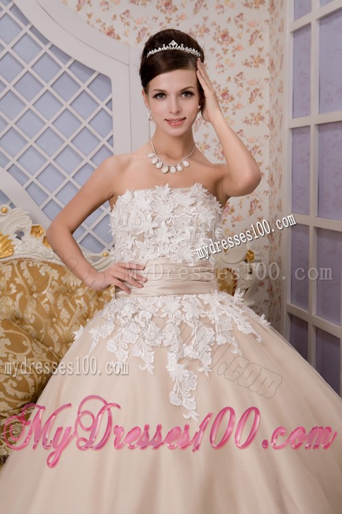 Champagne Ankle-length Dress for Brides with Ruched Sash and White Appliques