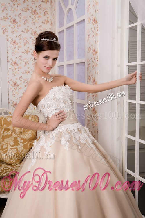 Champagne Ankle-length Dress for Brides with Ruched Sash and White Appliques