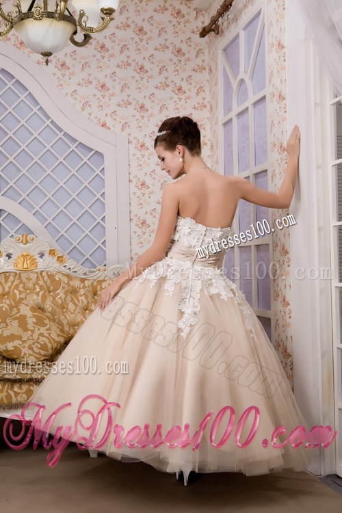 Champagne Ankle-length Dress for Brides with Ruched Sash and White Appliques