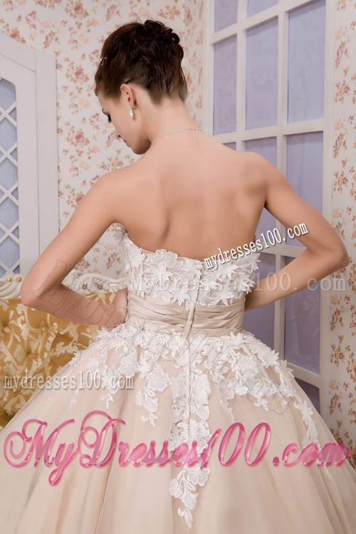 Champagne Ankle-length Dress for Brides with Ruched Sash and White Appliques