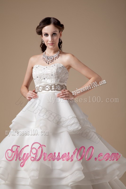 Ruffle Layers Strapless Appliques White Wedding Gown in Fashion