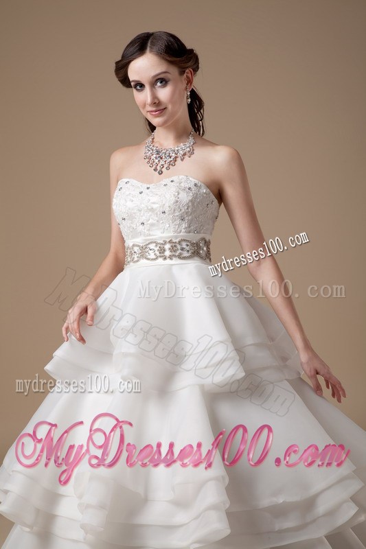 Ruffle Layers Strapless Appliques White Wedding Gown in Fashion