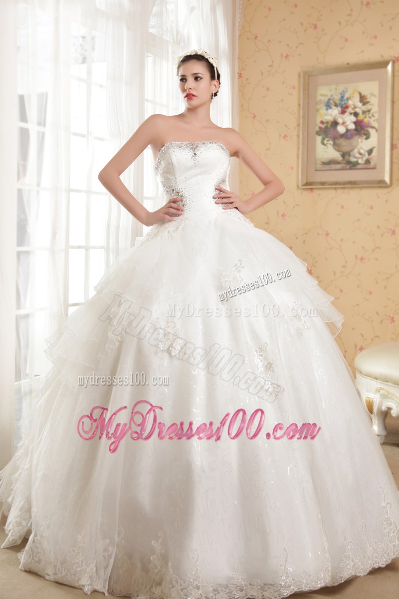 Big Diamonds Ruffles and Sequins Chapel Train Dress for Wedding with Lace Edge