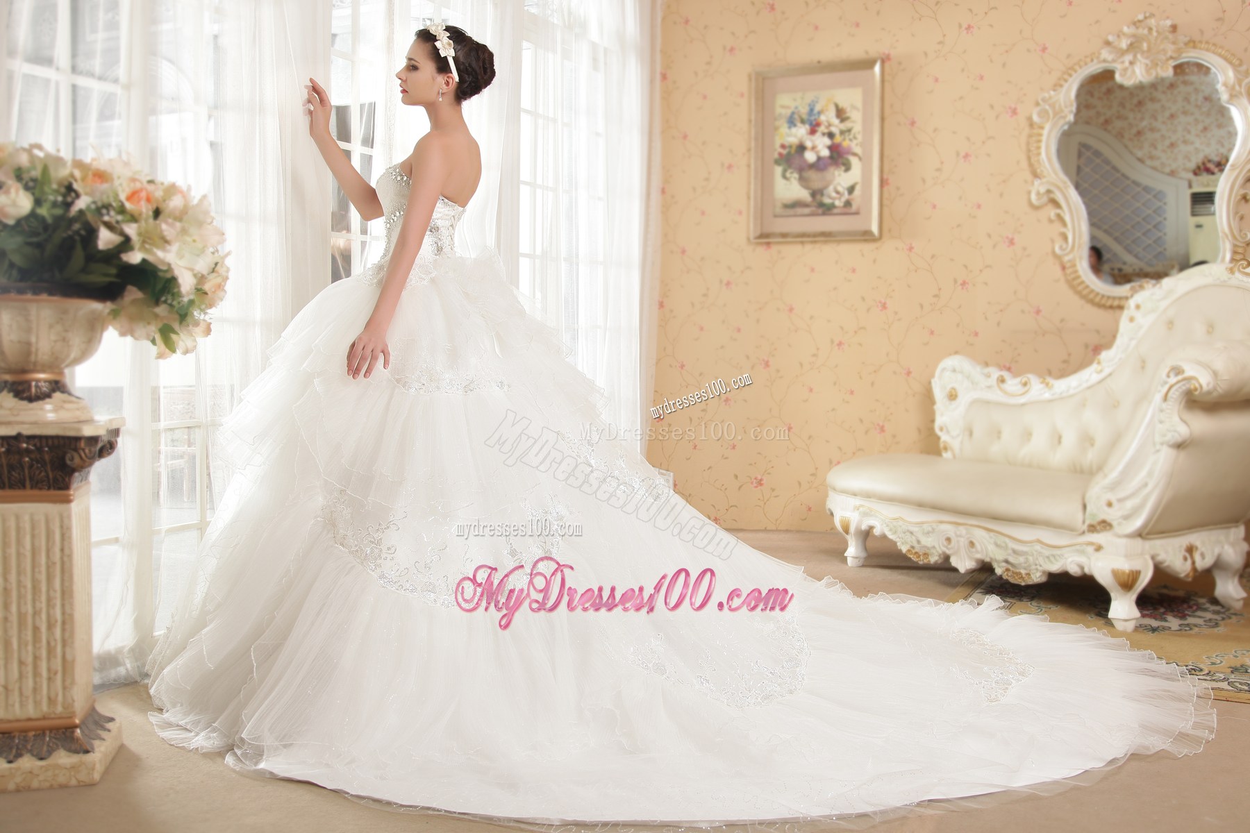 Big Diamonds Ruffles and Sequins Chapel Train Dress for Wedding with Lace Edge
