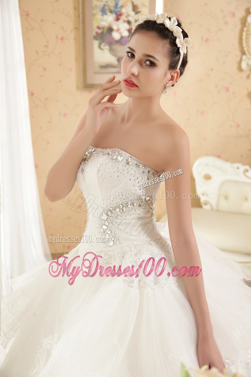 Big Diamonds Ruffles and Sequins Chapel Train Dress for Wedding with Lace Edge
