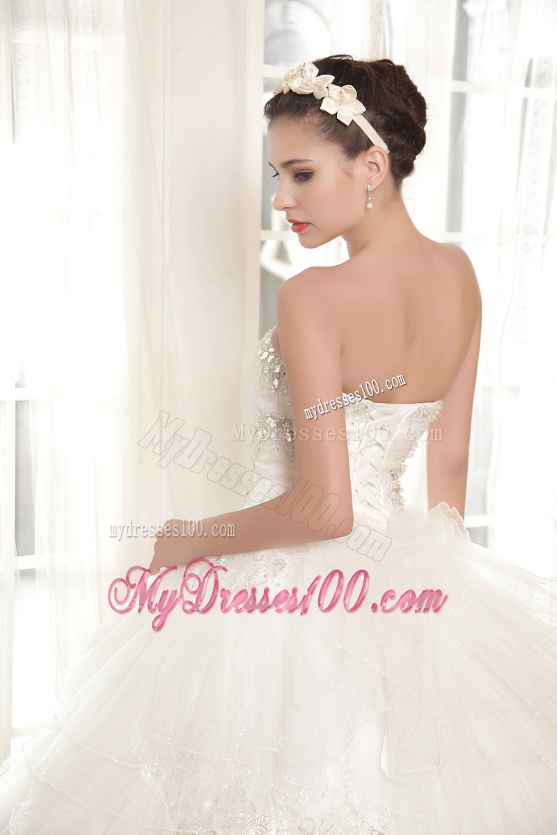 Big Diamonds Ruffles and Sequins Chapel Train Dress for Wedding with Lace Edge