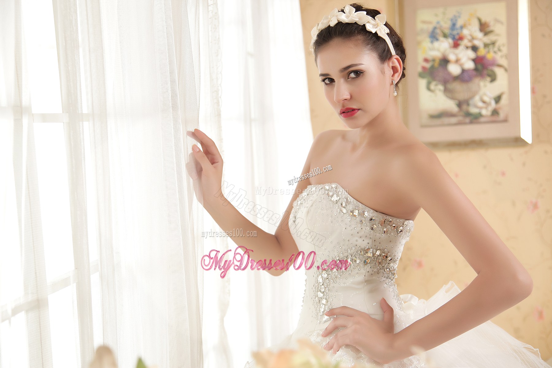 Big Diamonds Ruffles and Sequins Chapel Train Dress for Wedding with Lace Edge