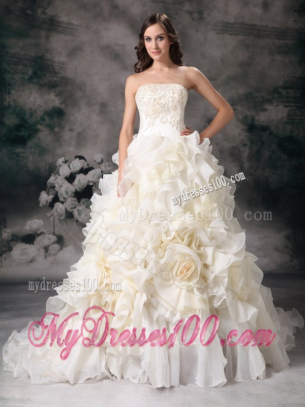Charming Chapel Train Appliqued Wedding Dresses with Ruffles and Flowers