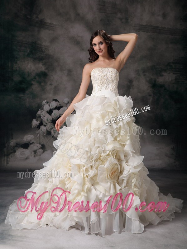 Charming Chapel Train Appliqued Wedding Dresses with Ruffles and Flowers