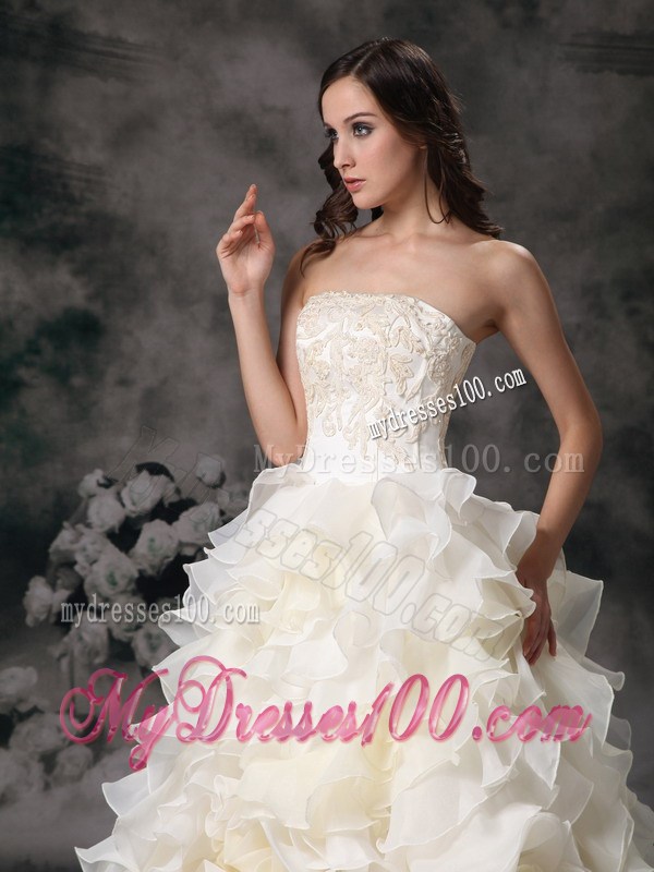 Charming Chapel Train Appliqued Wedding Dresses with Ruffles and Flowers