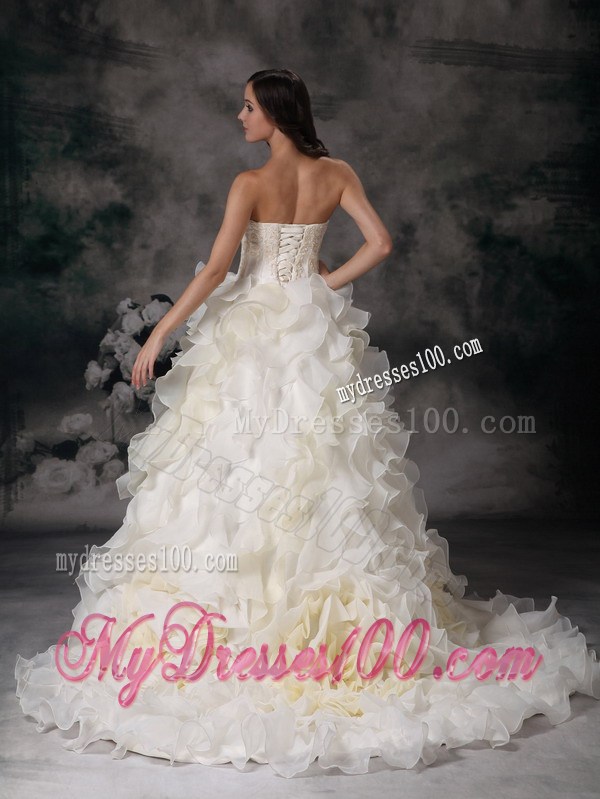 Charming Chapel Train Appliqued Wedding Dresses with Ruffles and Flowers