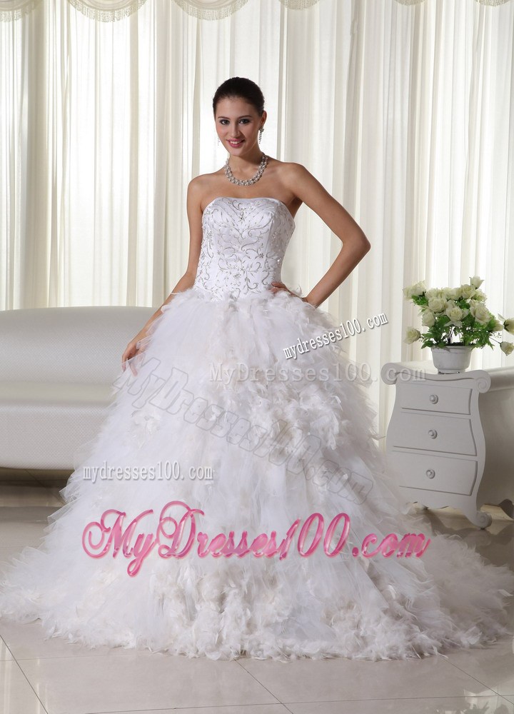 White A-line Chapel Train Wedding Gown with Embroidery and Feather
