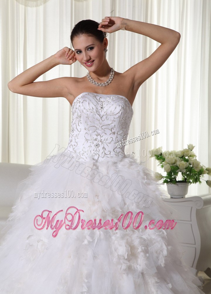 White A-line Chapel Train Wedding Gown with Embroidery and Feather