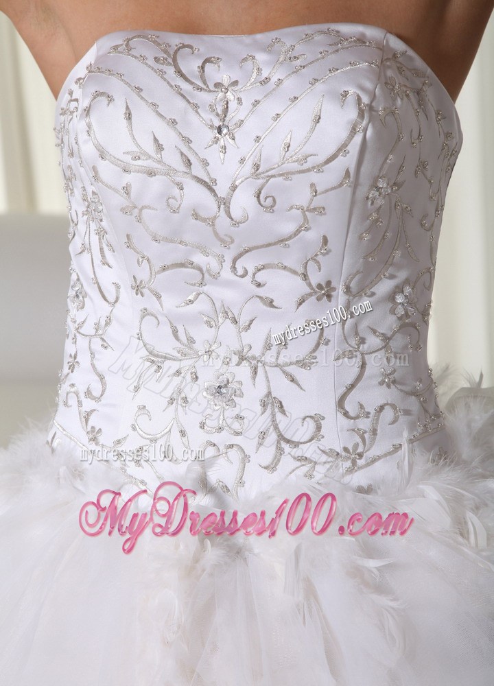 White A-line Chapel Train Wedding Gown with Embroidery and Feather