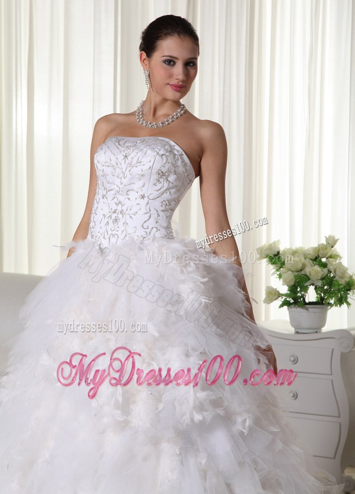 White A-line Chapel Train Wedding Gown with Embroidery and Feather