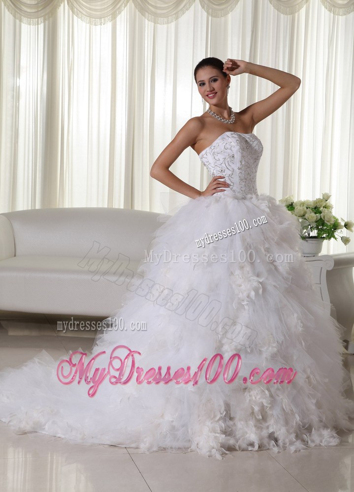 White A-line Chapel Train Wedding Gown with Embroidery and Feather