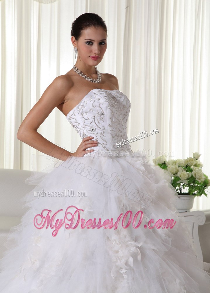 White A-line Chapel Train Wedding Gown with Embroidery and Feather