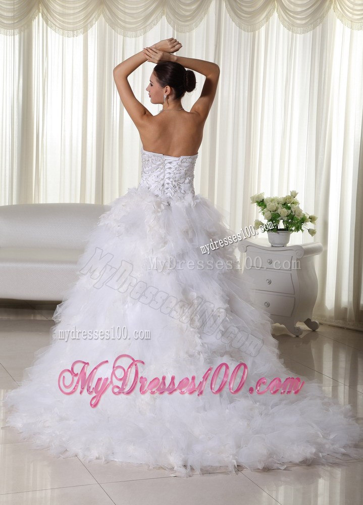 White A-line Chapel Train Wedding Gown with Embroidery and Feather