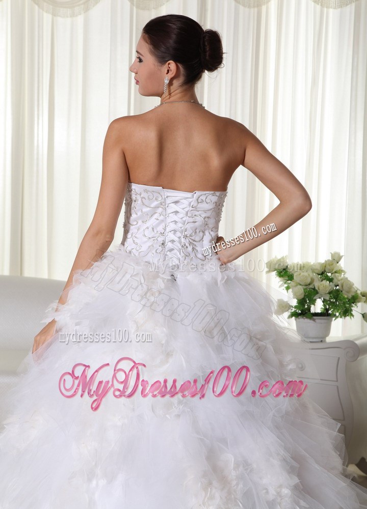 White A-line Chapel Train Wedding Gown with Embroidery and Feather