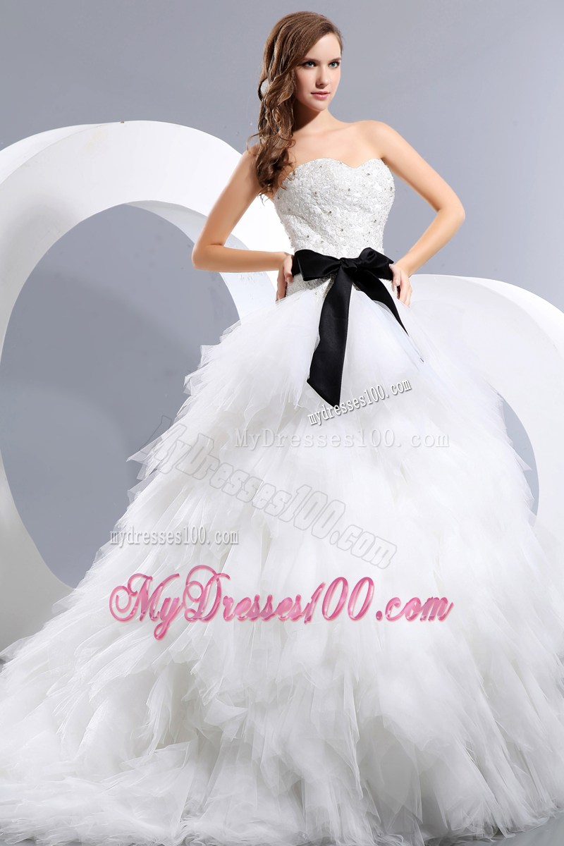 White Appliques Small Ruffles Court Train Bridal Gowns with Black Bowknot