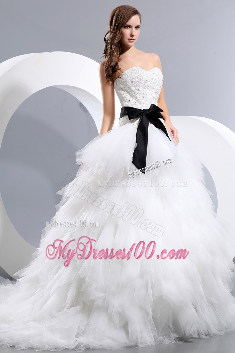 White Appliques Small Ruffles Court Train Bridal Gowns with Black Bowknot