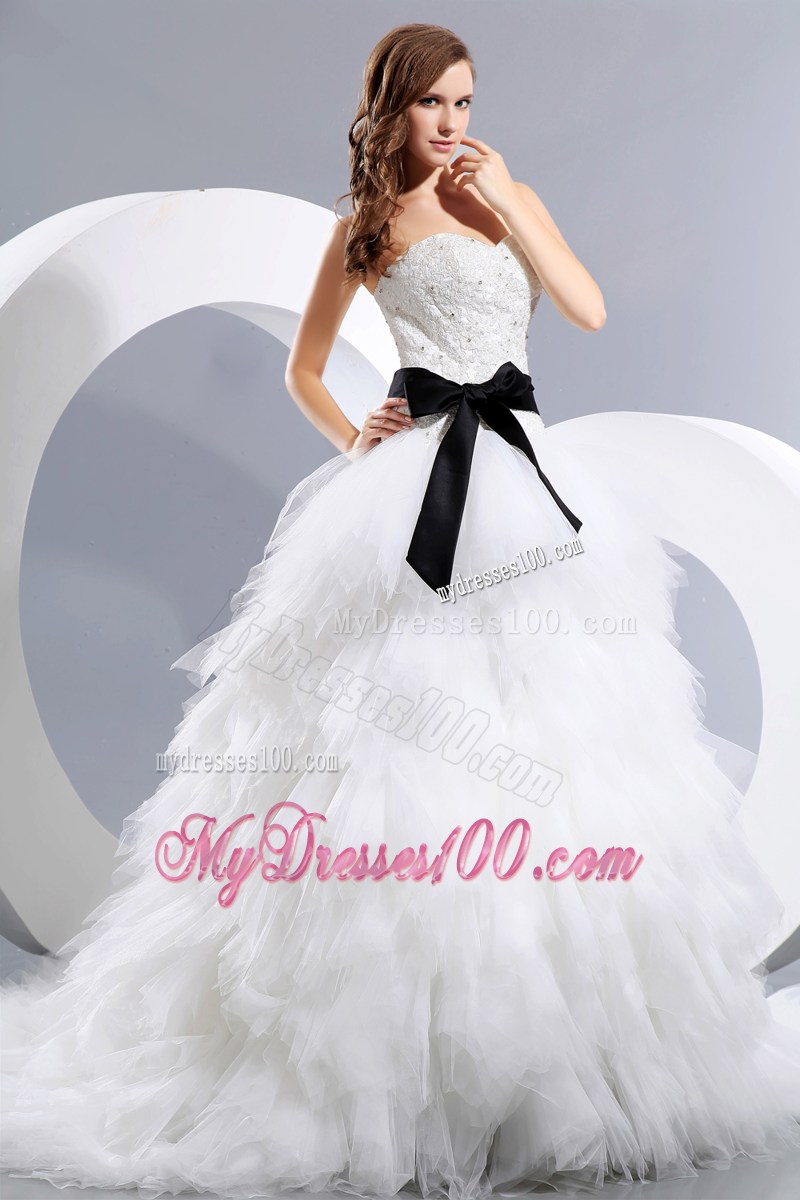 White Appliques Small Ruffles Court Train Bridal Gowns with Black Bowknot