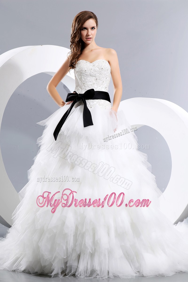 White Appliques Small Ruffles Court Train Bridal Gowns with Black Bowknot