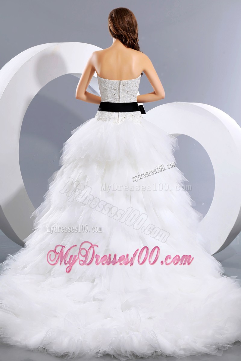 White Appliques Small Ruffles Court Train Bridal Gowns with Black Bowknot