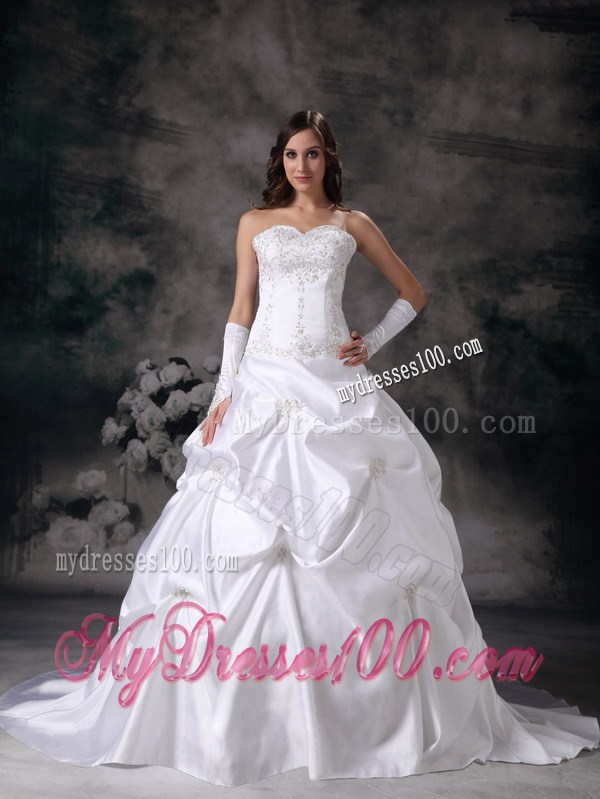 Court Train Lace Up Wedding Dress with Pick-ups and Embroidery