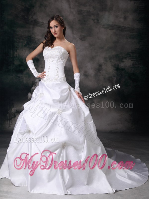 Court Train Lace Up Wedding Dress with Pick-ups and Embroidery
