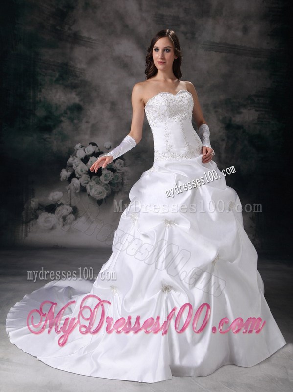 Court Train Lace Up Wedding Dress with Pick-ups and Embroidery