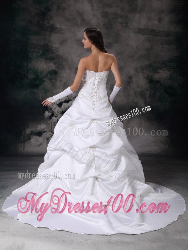Court Train Lace Up Wedding Dress with Pick-ups and Embroidery