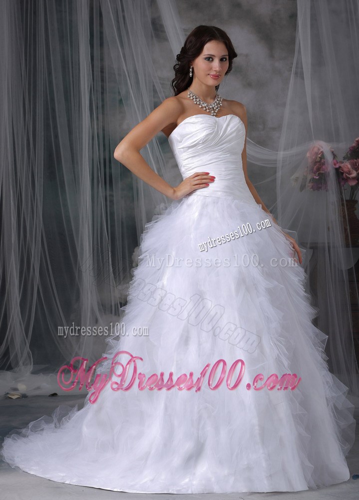 Ruched and Ruffled A-line Sweetheart Court Train Wedding Dresses