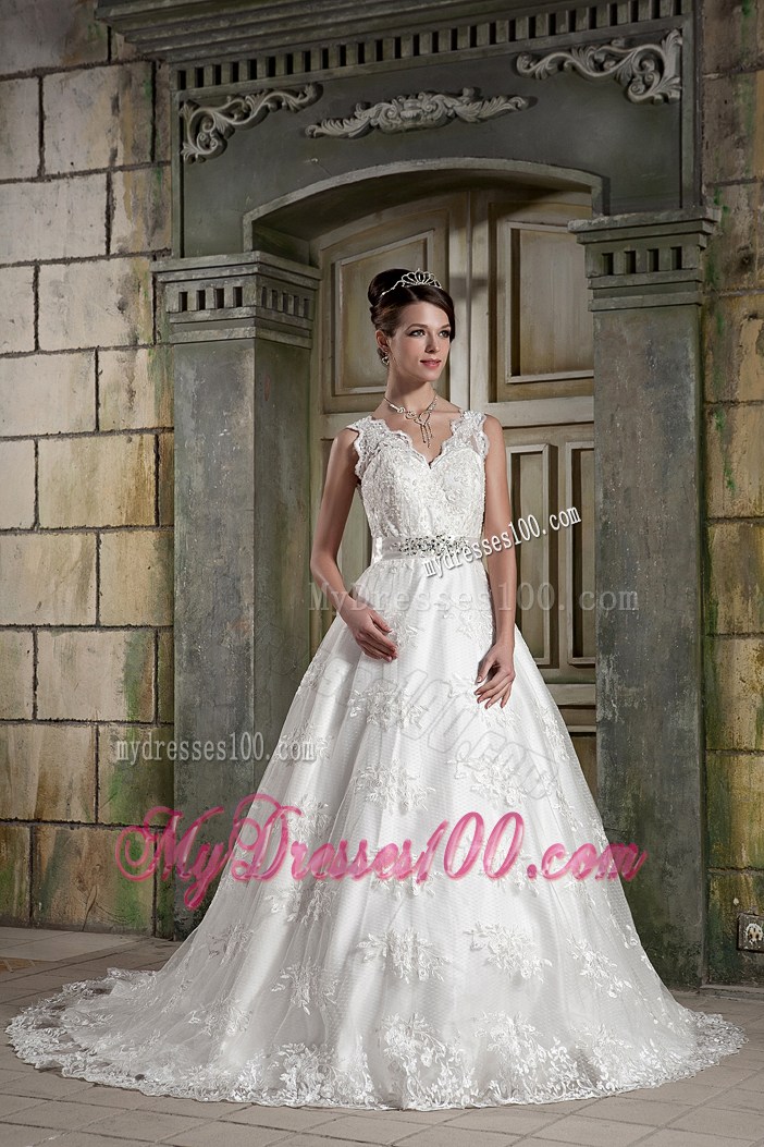 Lace Straps Sweep Train Bridal Dresses with Diamond Ribbon and Lace Hemline