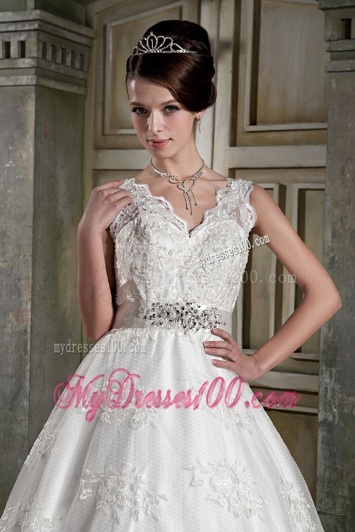 Lace Straps Sweep Train Bridal Dresses with Diamond Ribbon and Lace Hemline