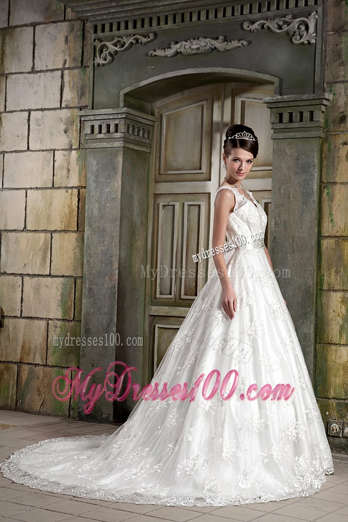 Lace Straps Sweep Train Bridal Dresses with Diamond Ribbon and Lace Hemline