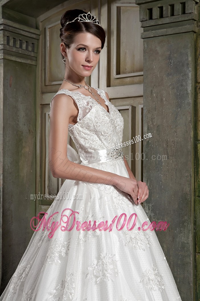 Lace Straps Sweep Train Bridal Dresses with Diamond Ribbon and Lace Hemline