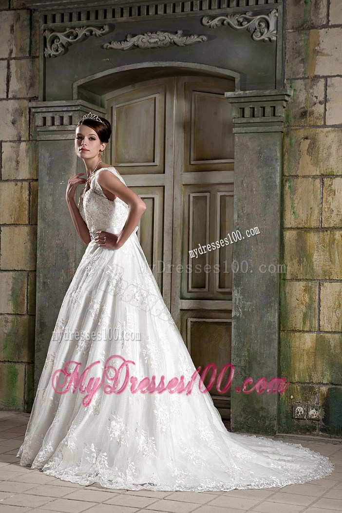 Lace Straps Sweep Train Bridal Dresses with Diamond Ribbon and Lace Hemline