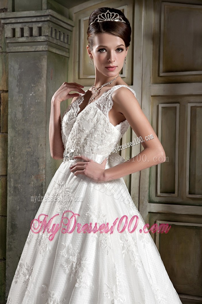 Lace Straps Sweep Train Bridal Dresses with Diamond Ribbon and Lace Hemline