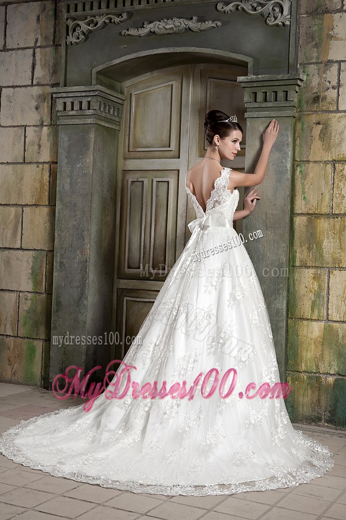 Lace Straps Sweep Train Bridal Dresses with Diamond Ribbon and Lace Hemline