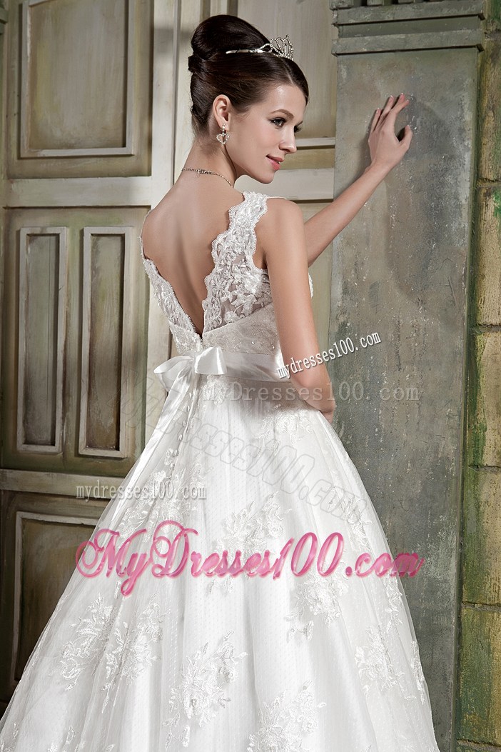 Lace Straps Sweep Train Bridal Dresses with Diamond Ribbon and Lace Hemline