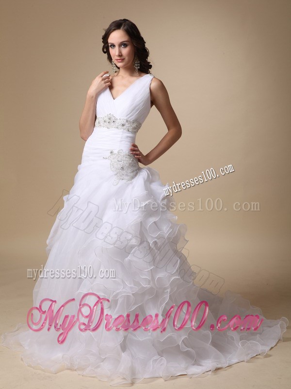 V-neck Ruching Brush Train Bridal Dress with Ruffles and Beading Sash
