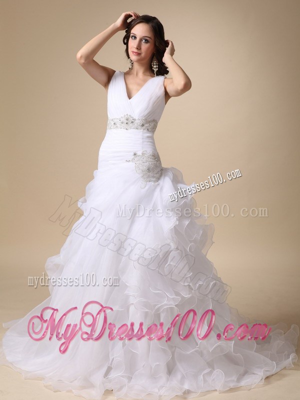 V-neck Ruching Brush Train Bridal Dress with Ruffles and Beading Sash