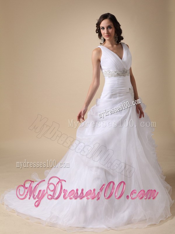 V-neck Ruching Brush Train Bridal Dress with Ruffles and Beading Sash