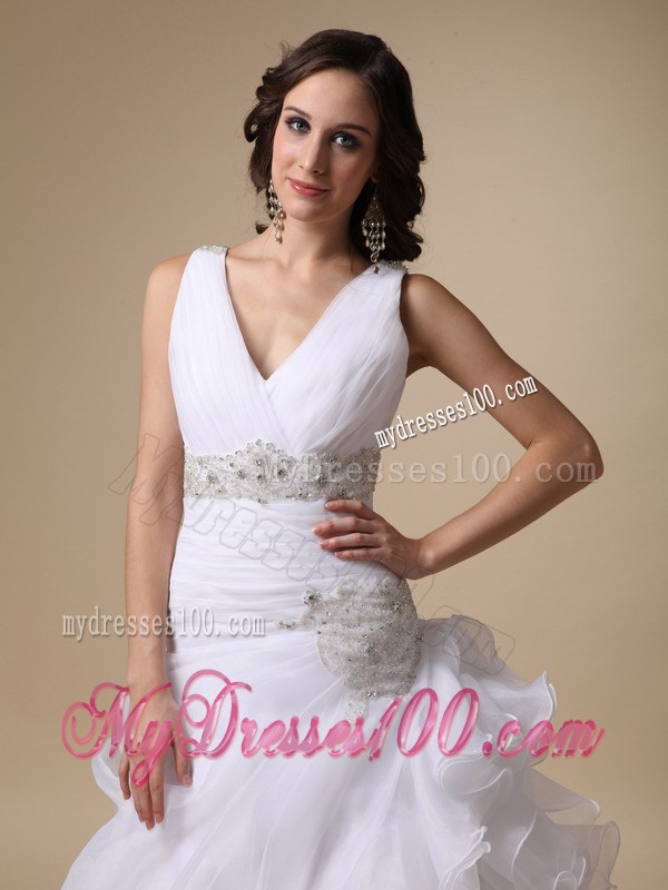 V-neck Ruching Brush Train Bridal Dress with Ruffles and Beading Sash