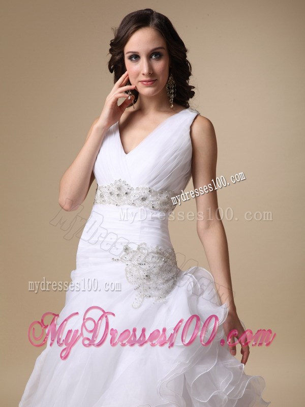 V-neck Ruching Brush Train Bridal Dress with Ruffles and Beading Sash