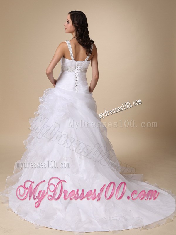 V-neck Ruching Brush Train Bridal Dress with Ruffles and Beading Sash