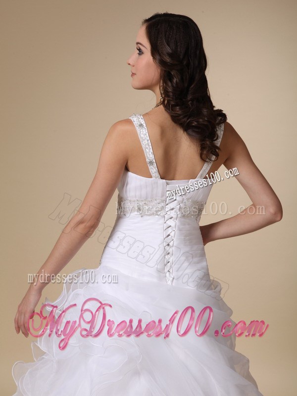 V-neck Ruching Brush Train Bridal Dress with Ruffles and Beading Sash