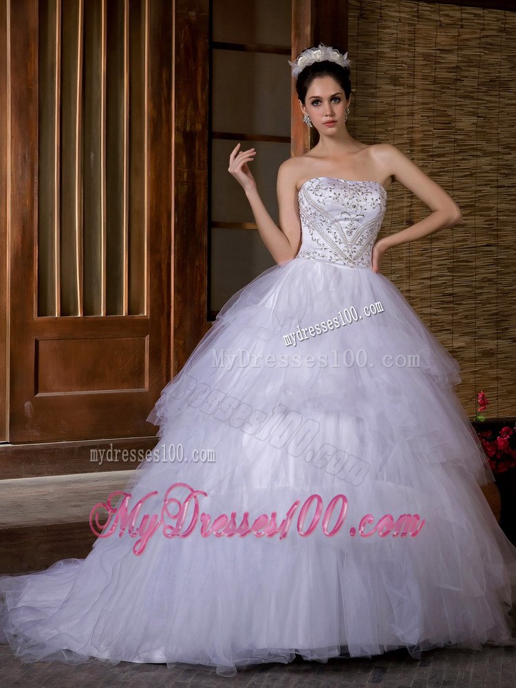 Embroidery and Diamond Ruffled Layers Court Train Wedding Dresses