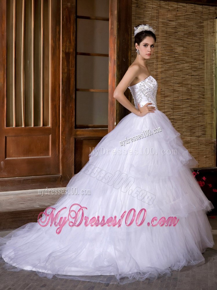 Embroidery and Diamond Ruffled Layers Court Train Wedding Dresses